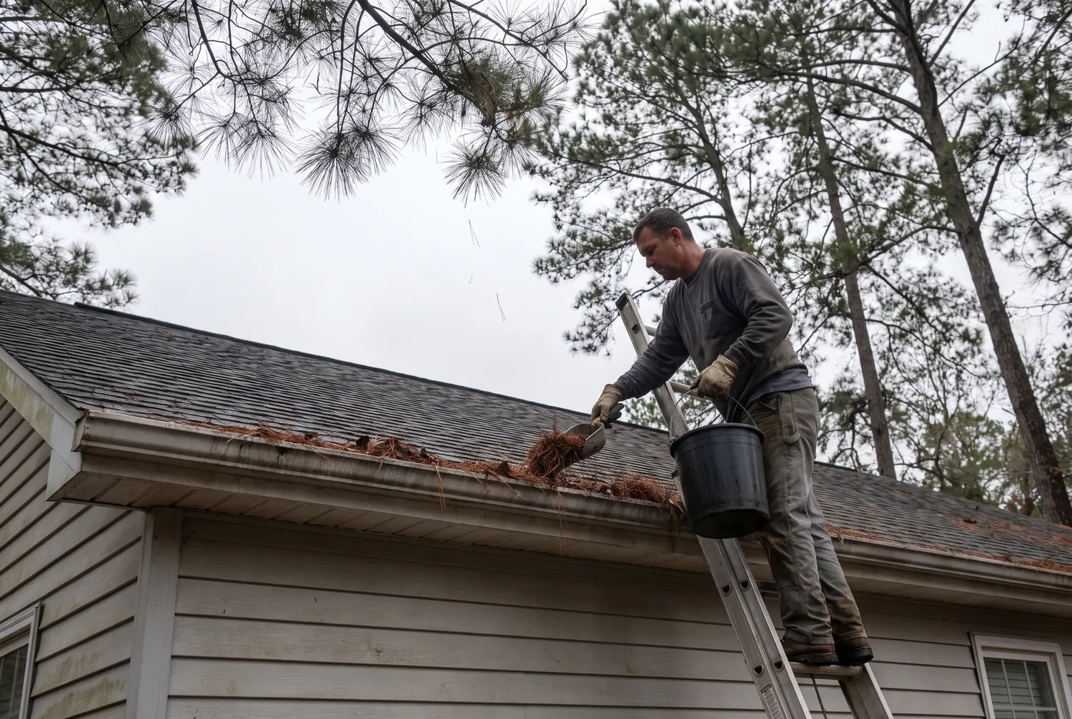 Gutter cleaning technician clearing pine straw from a roof gutter in Jacksonville, FL