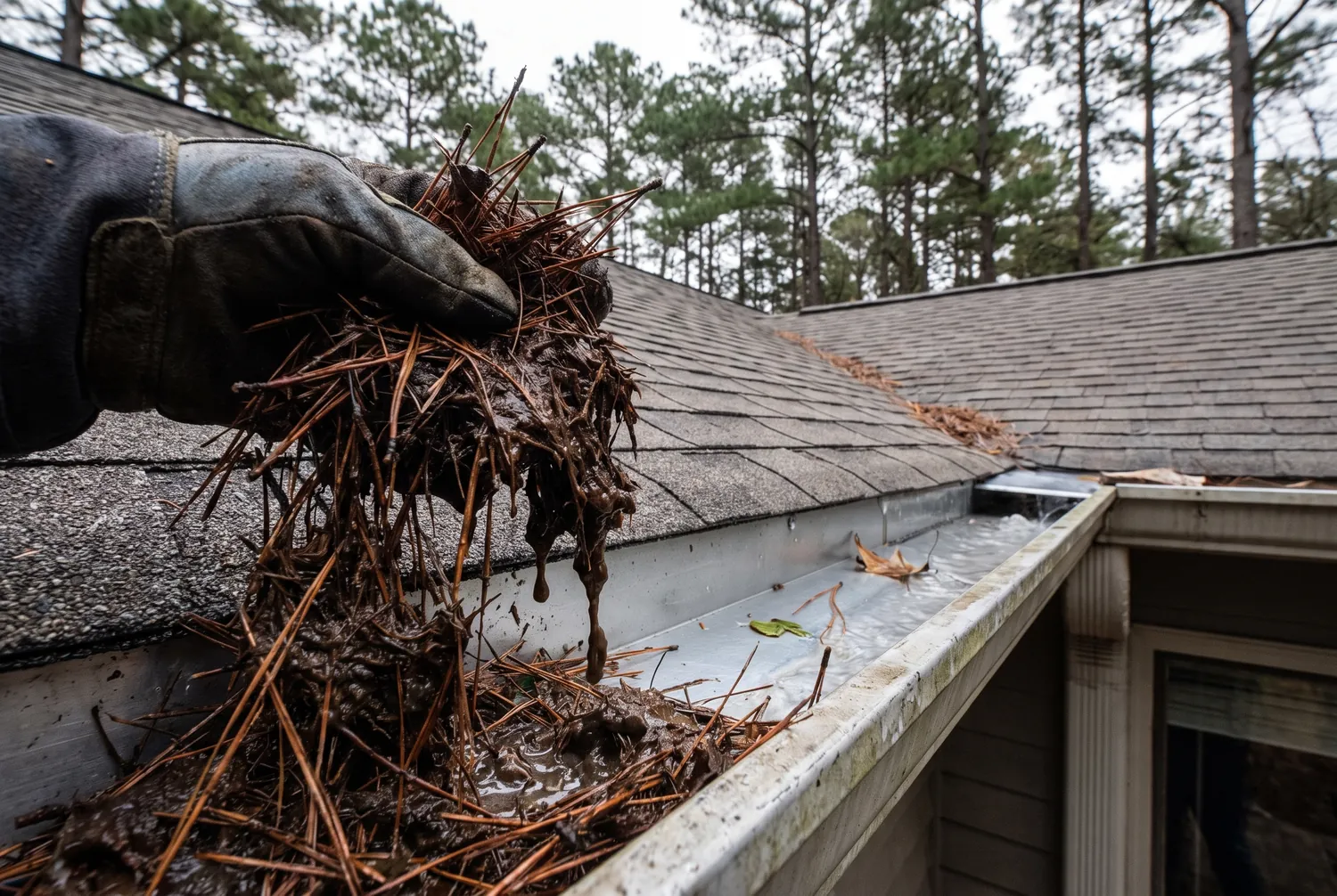 Clogged Jacksonville gutter packed with wet pine straw being hand-cleared
