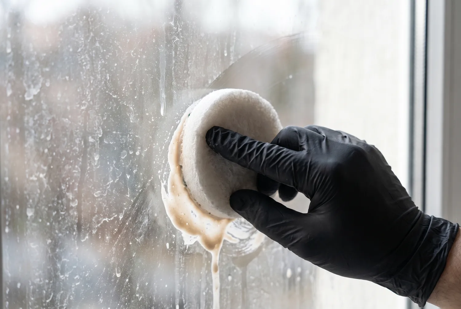 Close-up of a polishing pad lifting hard water mineral haze off window glass in Jacksonville