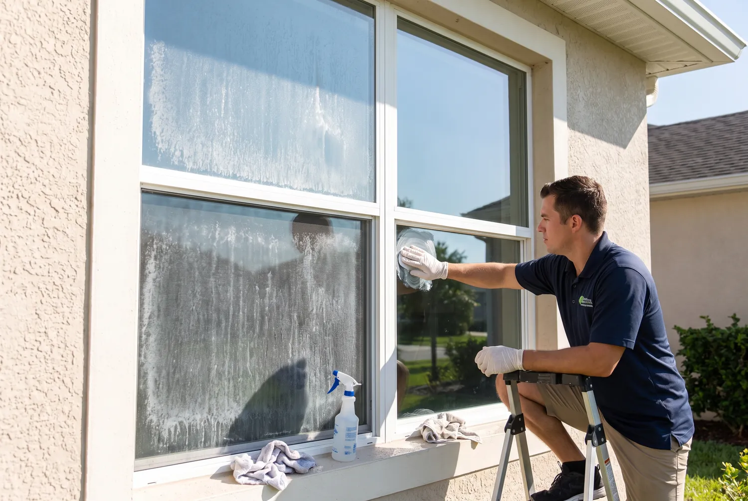 Hard water stain removal in progress, half the glass restored clear and half still mineral-spotted, Jacksonville FL