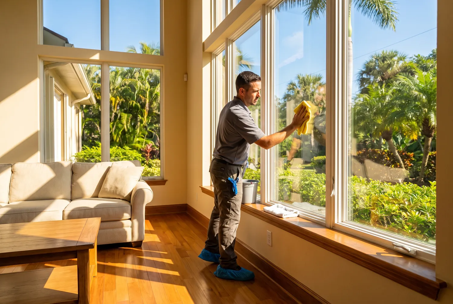 Window cleaner wiping the interior of a large picture window in a bright Jacksonville living room
