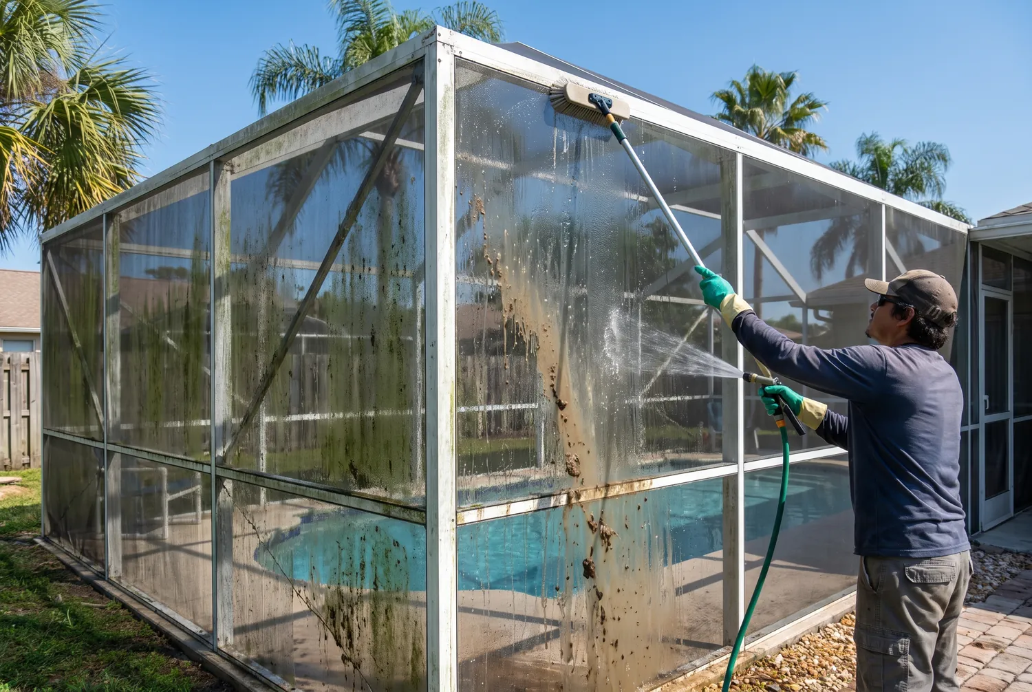 Technician soft washing algae off a screened pool enclosure in Jacksonville, FL