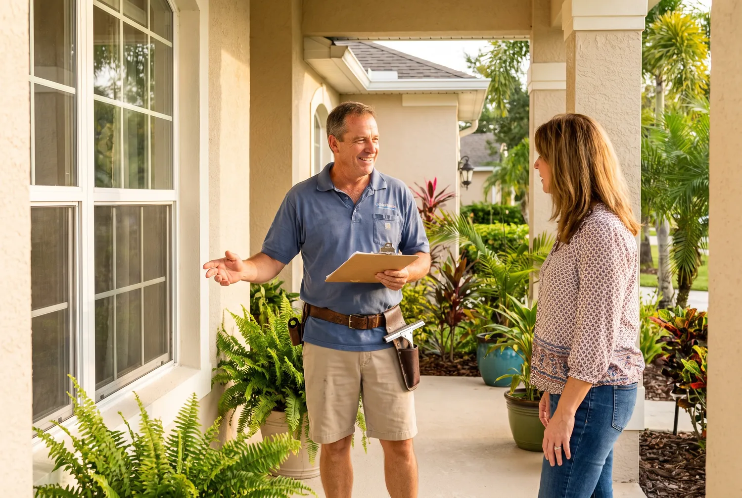 Jacksonville window cleaning technician walking a homeowner through a free on-site estimate